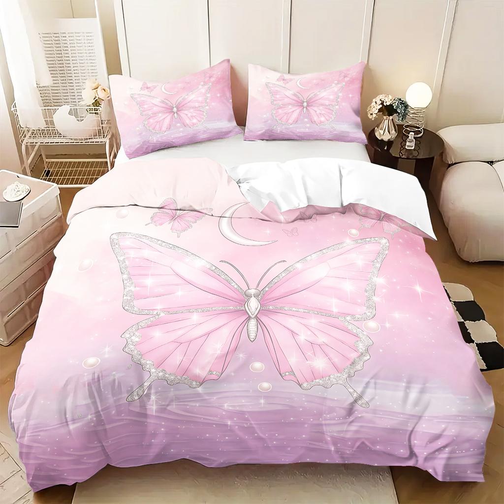 3pcs pink floral butterfly pattern duvet cover set 1 duvet cover+2 pillowcases coreless. Soft and comfortable bedding set