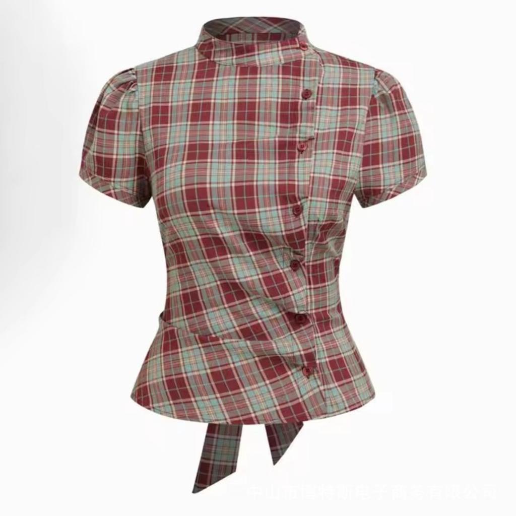 TrendHub Harajuku Dames Shirts Modieuze Casual Geruite Print Chique Emotionele Meisjes High Street Rock Gothic Dagelijkse Topjes met Korte Mouwen