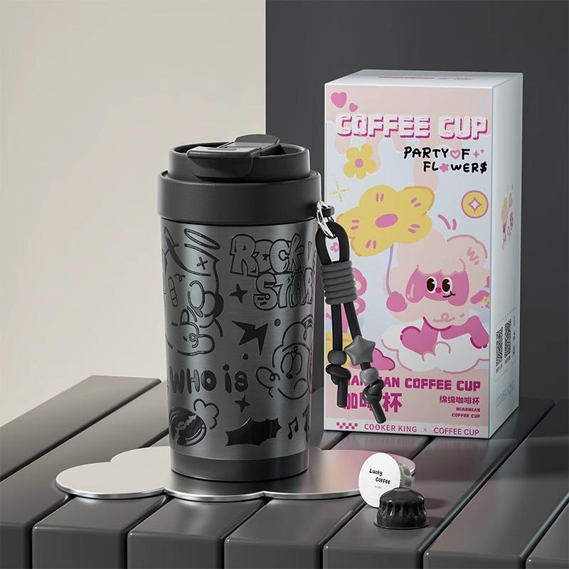 

COOKER KING 420ML Coffee Cup Stainless Steel Travel MugThermos Cup Cute Cartoon Straw Cup Insulation Ice Keeping Insulated 420ML чорний