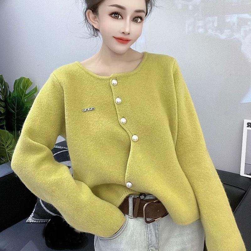 Korean Gentle Irregular Knitted Cardigan Women Spring Autumn Winter Soft Glutinous Long Sleeved Jacket Round Neck Top Commuting