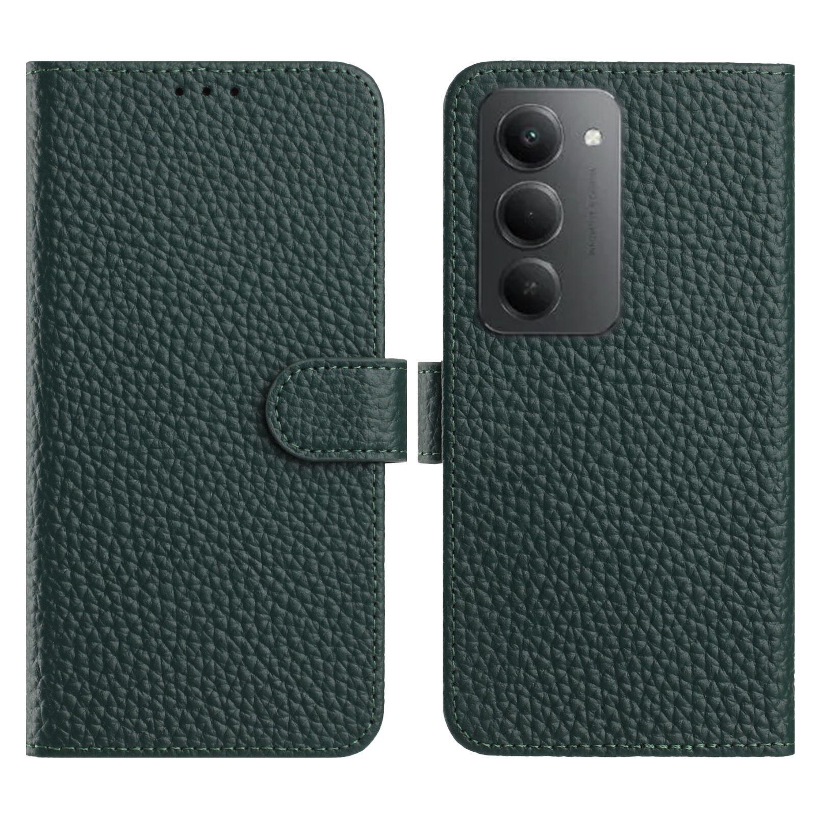 

For Xiaomi Redmi 15 5G Case Wallet Stand Litchi Texture Genuine Cow Leather Flip Phone Cover Green