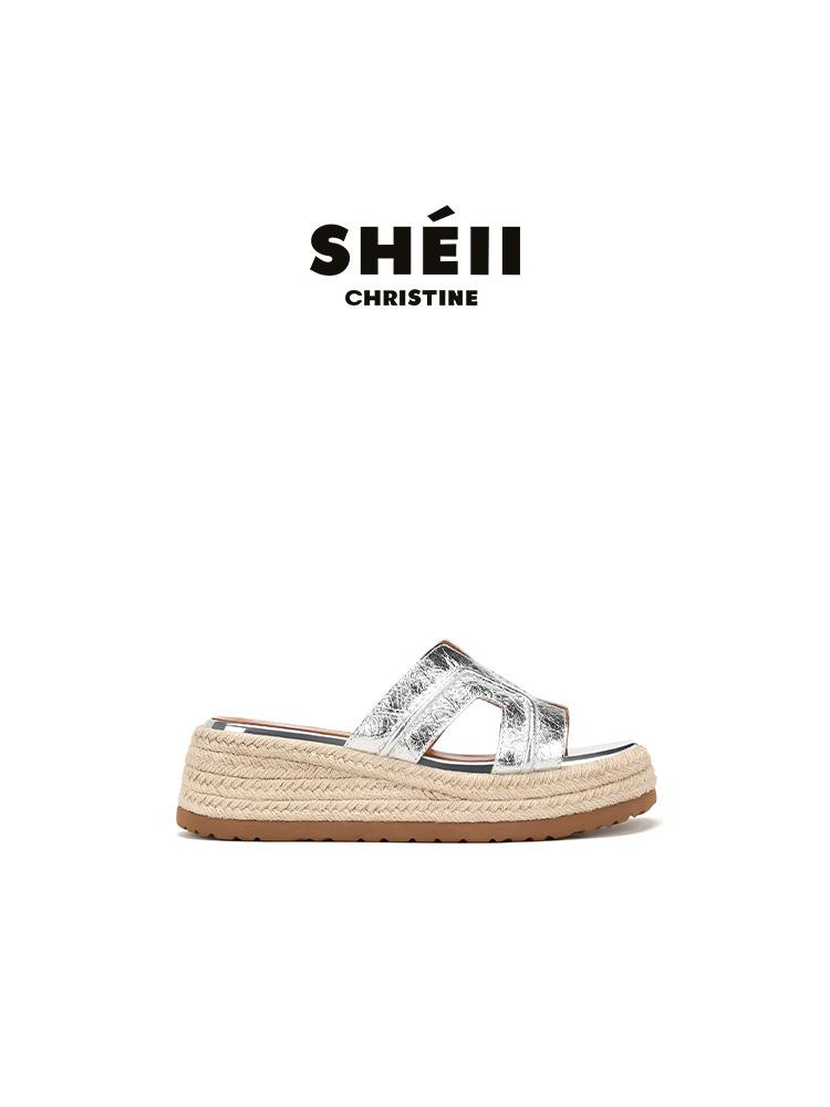 Cowhide version~ Su Yinyin vacation H-type hemp rope woven slippers women's outer wear slope heel thick bottom beach cool slippers summer