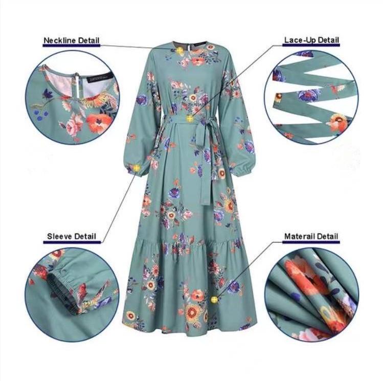 2022 Moroccan Print Long Sleeve Turkish Muslim Women's Party Dress