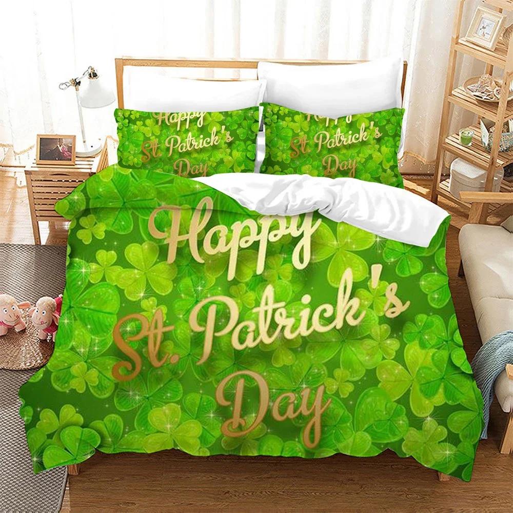 St. Patrick'S Day Duvet Cover Set Lucky Clovers Bedding Set Microfiber Green Four Leaves Clover Comforter Cover Twin Queen Size