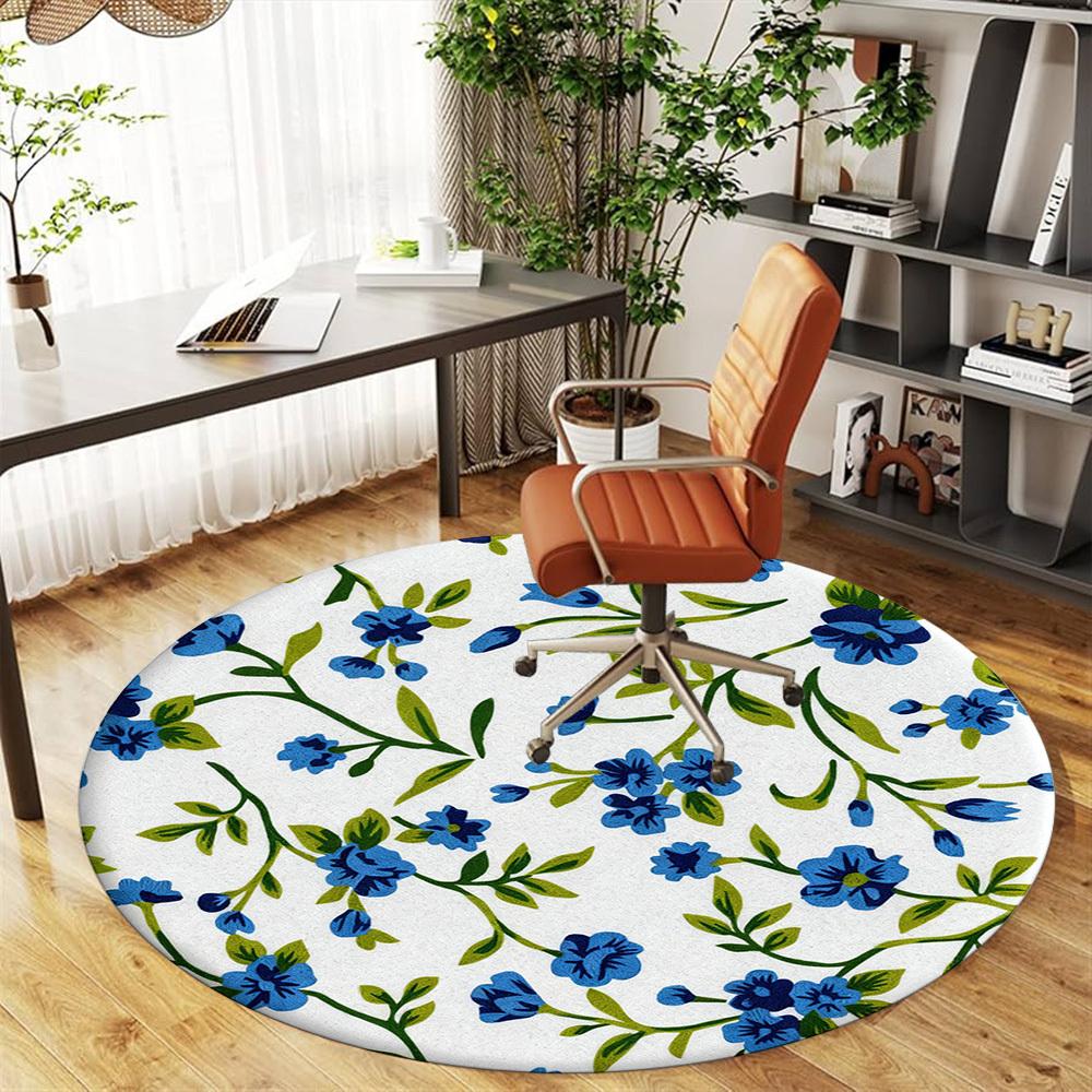 1pc Floral Pattern Blue Flowers Round Chair mat office Area Rug - Non-Slip, Floor Mat for Office, Bedroom, Ideal home decor gift p0105081