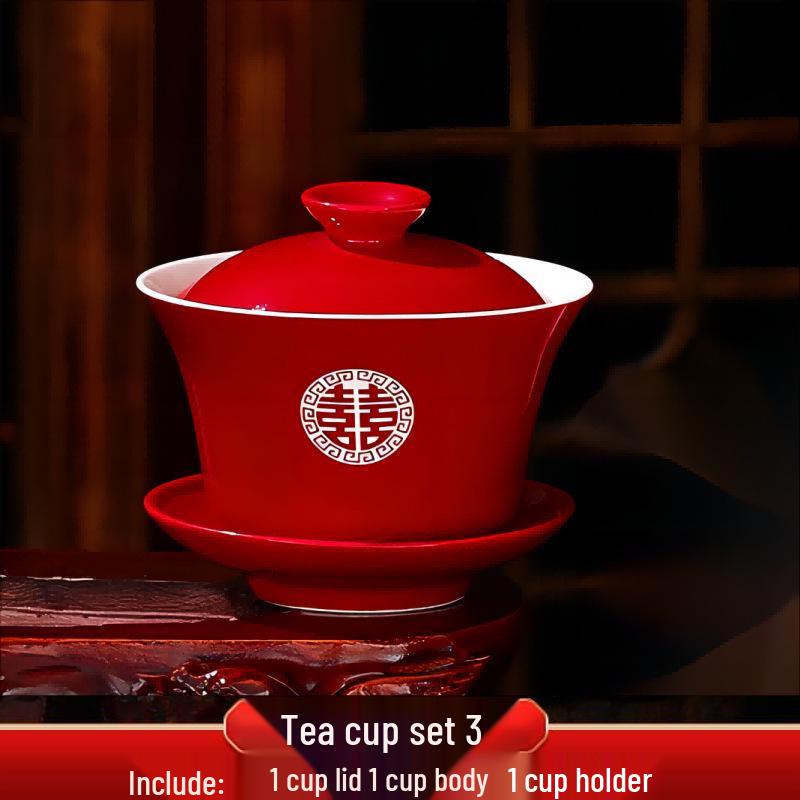 Red Festive Wedding Tea Set: Gaiwan, Chopsticks, Pair Bowls, Sons & Grandsons Design.