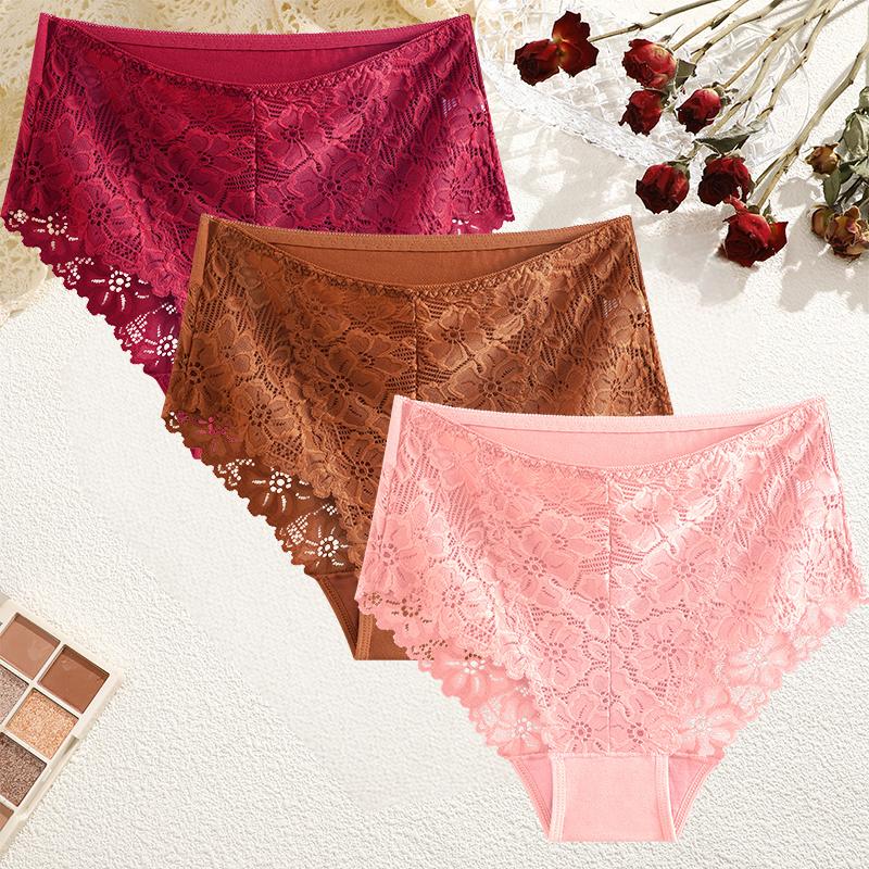 FINETOO 3 Pezzi Mutandine da Donna a Vita Media in Pizzo Sexy Colore Unito Rifiniture in Pizzo Biancheria Intima Femminile Lusso Svuotate Slip Comodi Traspiranti Lingerie
