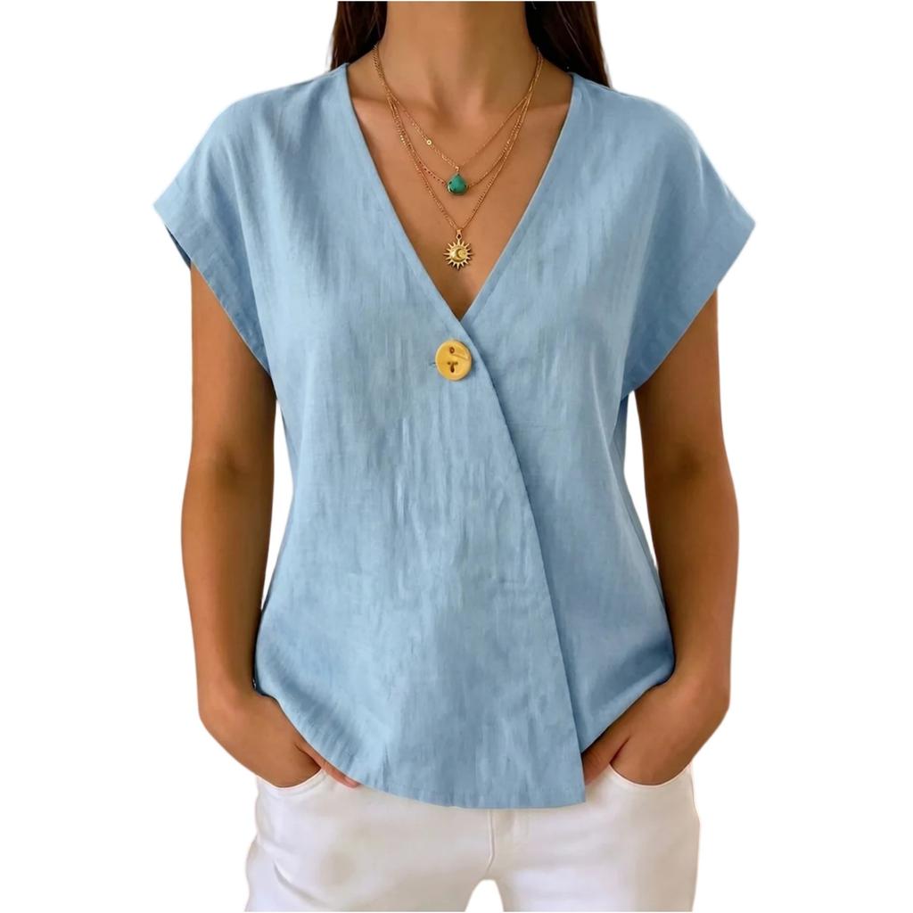 Women V Neck Button Front Blouse Short Sleeve Casual Lightweight Top with Relaxed Fit and Wrap Style for Everyday Wear