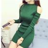 Winter Round Neck Hollow Out Shoulder Long Sleeved Knitted Dress for Women Mid To Long Length Sweater, Hip Hugging Bottom Skirt