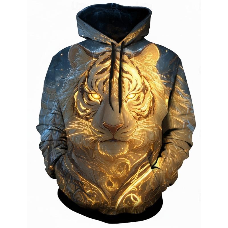 Modisches Herren Hoodie Sweatshirt mit Löwen und Tiger 3D Fantasy Rundhals Pullover Streetwear Kordelzug Herbst Winter Designer