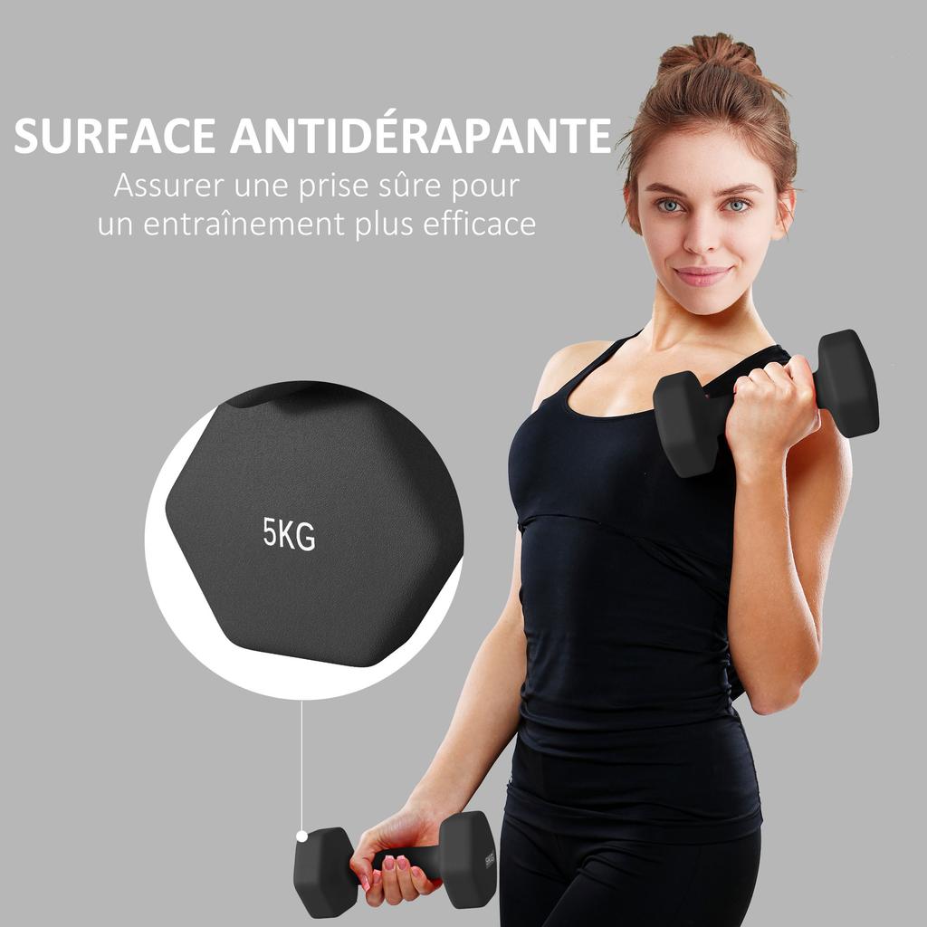 Hexagonal Dumbbells, Set of 2, 2 x 5 kg, Non-Slip Handles, Black