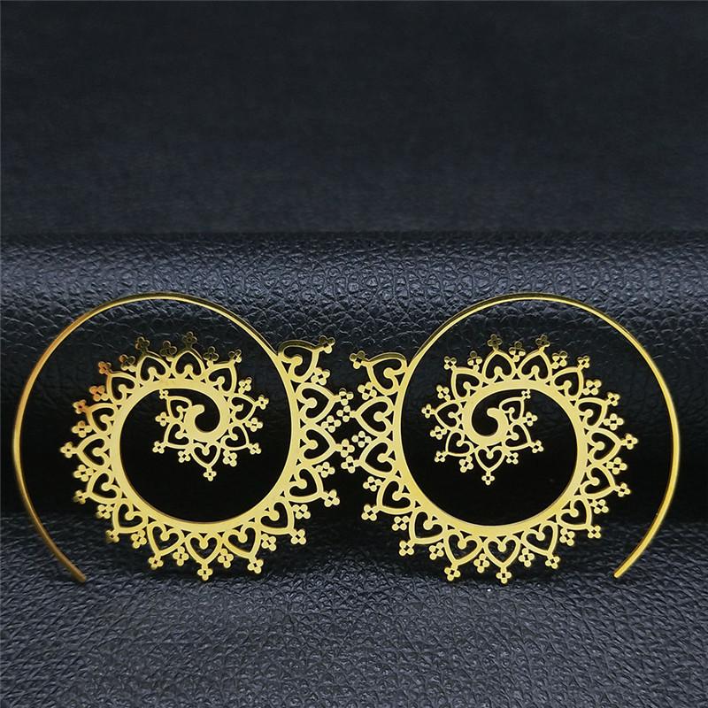 Indian Hoop Stainless Steel Mandala Openwork Flower Tribal Ethnic Earrings Bohemian Ornaments Earrings Women Jewelry E8954S01