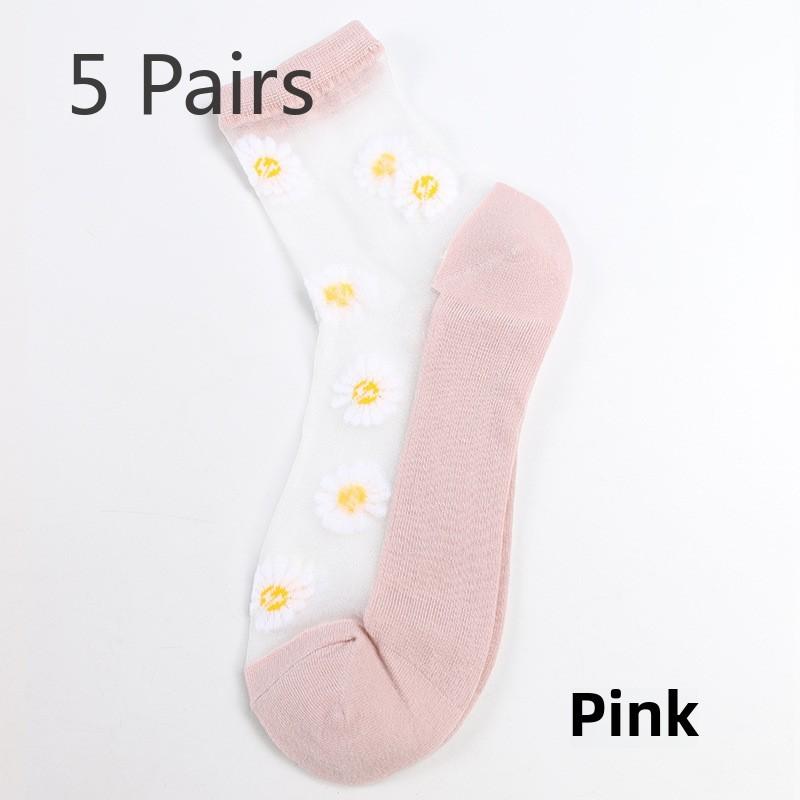 5 Pairs Small Daisy Socks Women's Summer Thin Midtube Invisible Glass Silk Crystal Stockings