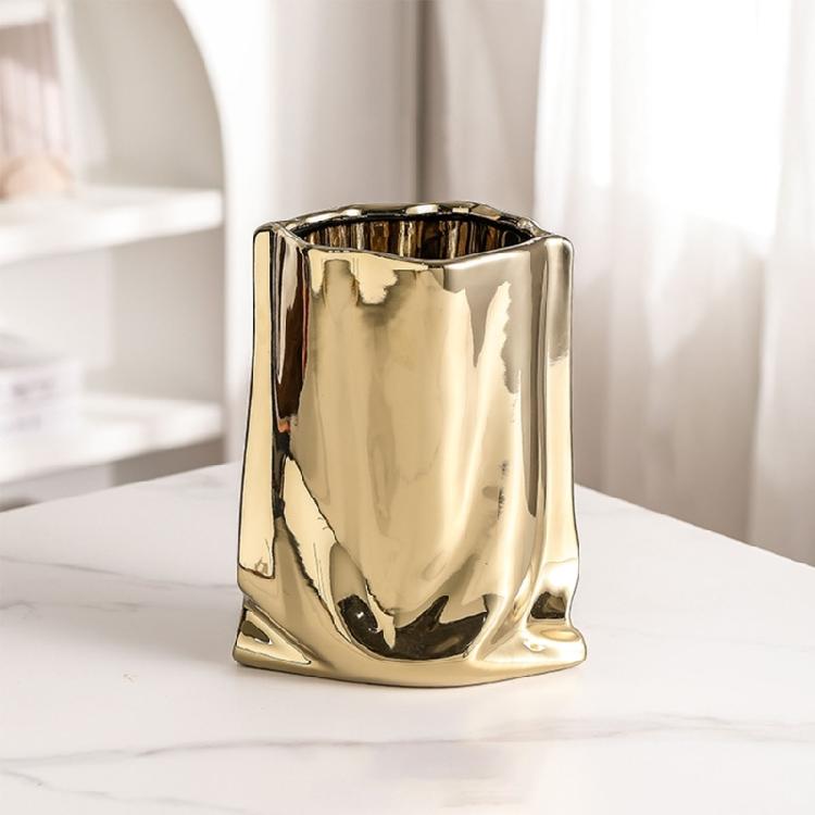 Decorative Electroplated Ceramic Vases With Handmade Pleats Living Room Decoration For Plant And Flowers