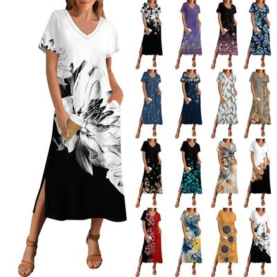 Vestido de verão feminino com estampa de bolinhas, manga curta, vestido de praia com bolso, casual, decote em V, bainha, vestido com fenda lateral