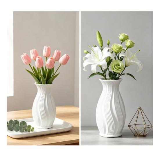 Small White Faux Ceramic Vase Minimalist Modern Pampas Grass Vase Decorative Flower Holder for Table Fireplace Shelf Living Room Decor