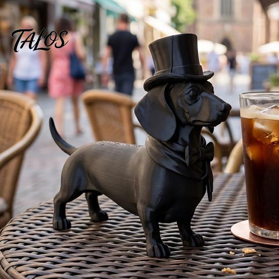 Talos 3D Printed Gentleman Dachshund Figurine, Elegant Dog Sculpture Desktop Ornament, Solid Matte Black Art Statue for Home Office Decor Gift