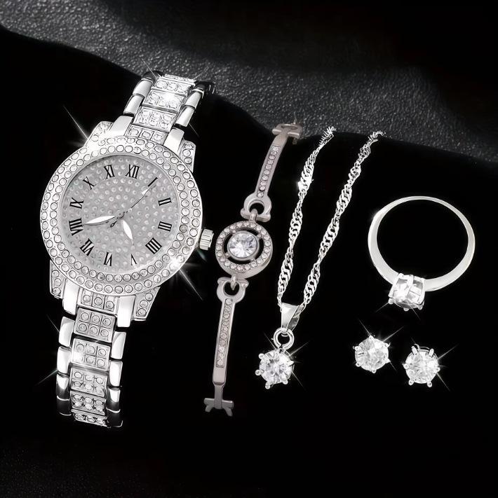 Ladies Watch Set Steel Belt Full Diamond Premium Quartz Watch Temperament Business Leisure Watch