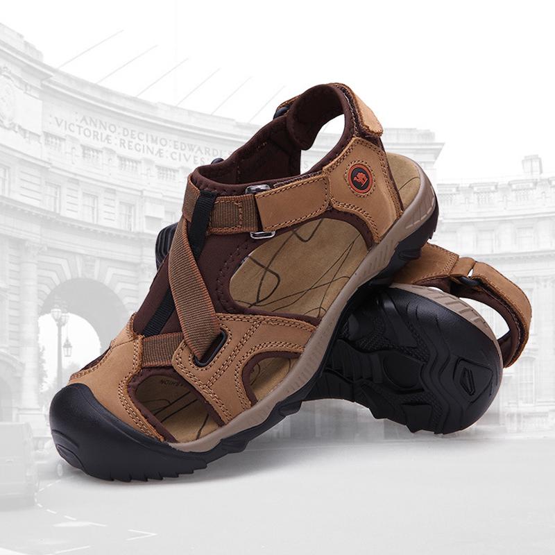 2017 ny stil herr sandaler tofflor äkta läder kohud manliga platta sandaler Halkfria läder sommarskor x1368 35