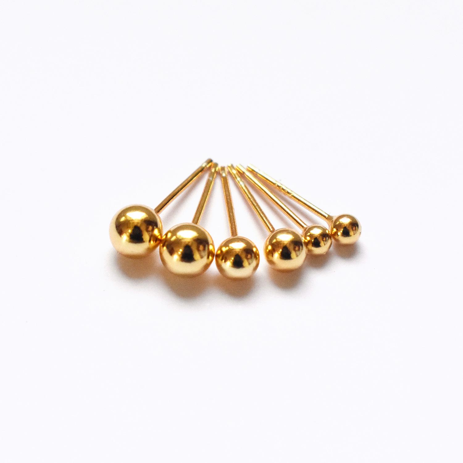 

24K Gold-Plated Sterling Silver Round Bead Stud Earrings for Women 3MM