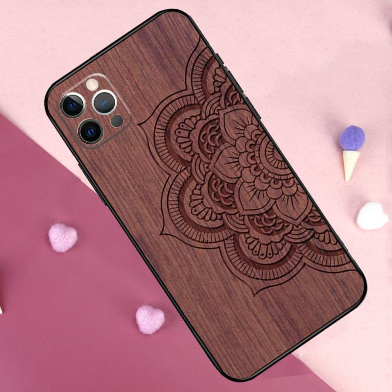Mandala Floral Wood Phone Case For iPhone 17 Pro Max 11 14 15 16 Pro Max Plus 13 12 Mini 16e 17 Air Back Cover