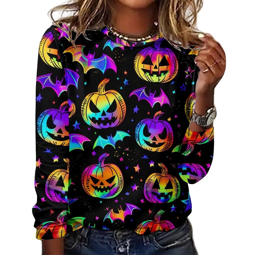Women's Halloween 3D Printed Pumpkin Face Bat Long Sleeve Shirt Autumn Loose Casual Polyester Round Neck Fashion Casual Top