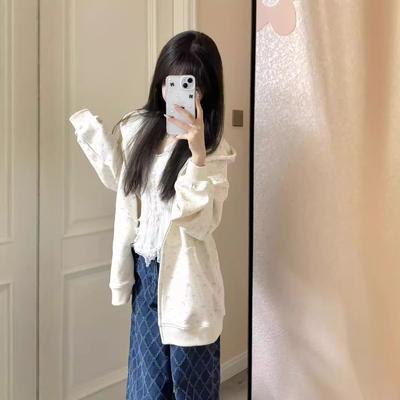 Hong Kong Style Retro Floral Trendy Brand Hooded Sweatshirt Women's Loose Lazy Top Autumn and Winter Coat Cardigan Thin Plus Velvet