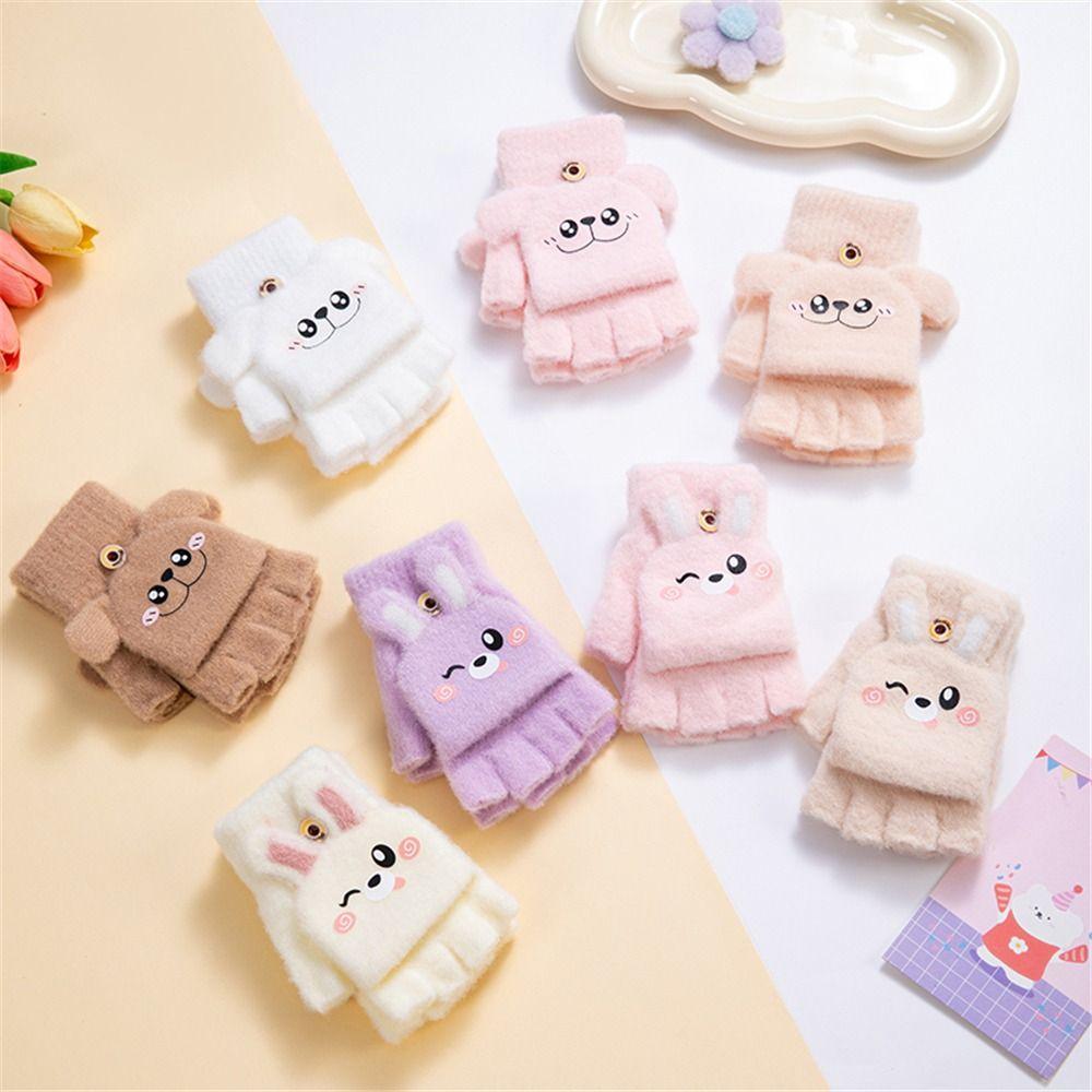 Half Finger Flip Cover Student Mittens Thick Plush Riding/Writing Gloves Knit Gloves 3-12Years