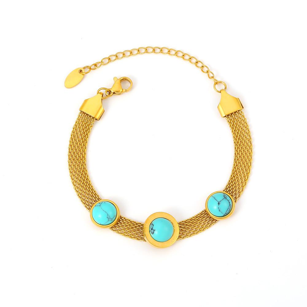 18K Gold Plated European-Style Turquoise Mesh Bracelet with Retro Design
