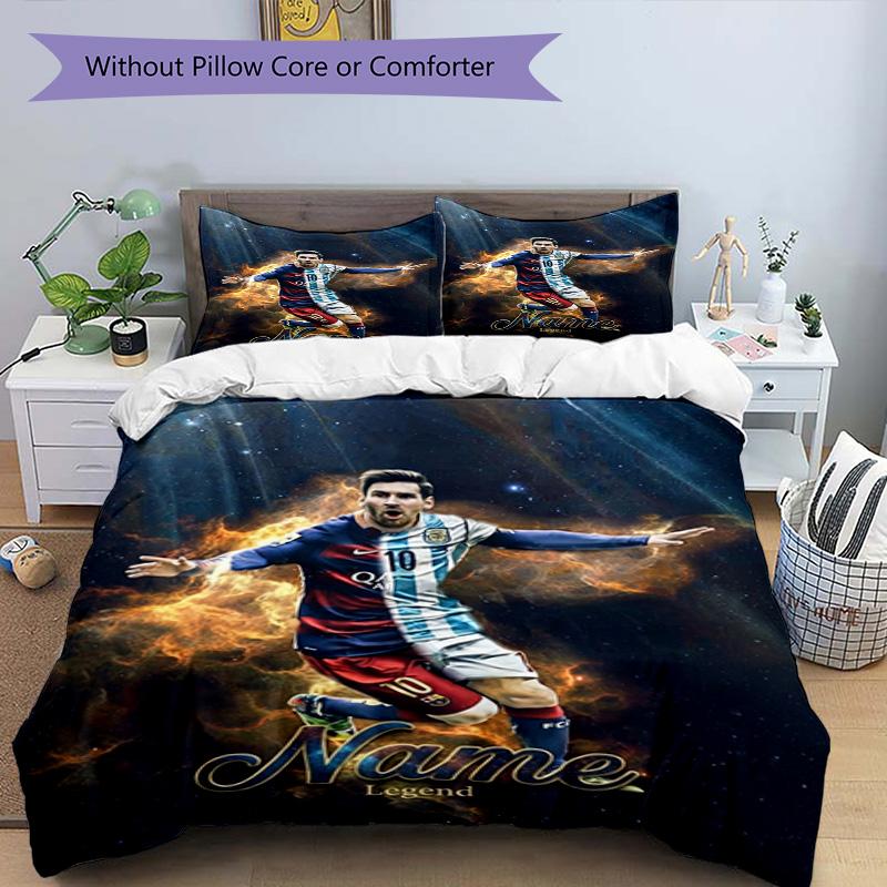 Messi Football Legend Flames Personalized Name Bedding Set,Premium Bed Linen for Bedroom Home Decoration,Perfect Collectible Gift for Messi Fans,Easy