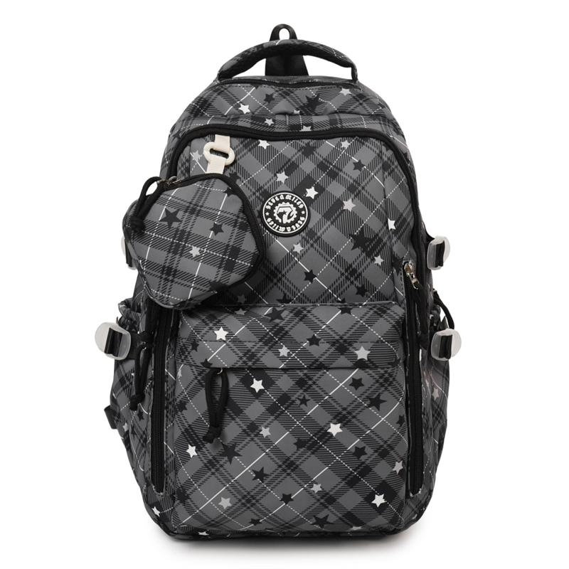 Вместительный клетчатый рюкзак для женщин со звездным принтом, студенческая школьная сумка с кошельком