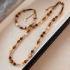 Titanium Steel Baroque Irregular Pink Freshwater Pearl and Tiger's Eye Stone Beaded Necklace, a Delicate and Unique Chain for Sweaters