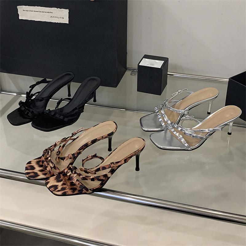 Fashion Eilyken Summer Fashion Leopard Narrow Band Woman Slippers Thin Low Heels Party Stripper Ladies Mules Slides Zapatos Mujer