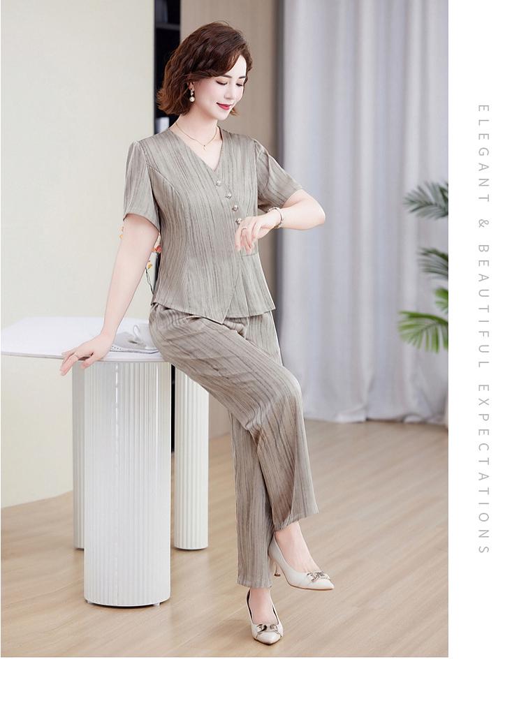 Women's Summer Slimming Two-Piece Set: Short Sleeve Blouse & Wide-Leg Pants