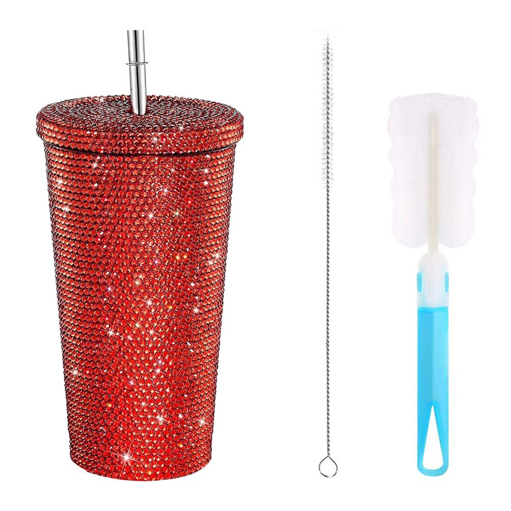 Insulated Straw Tumbler Stainless Steel Rhinestone Cup 24 Hour Hot Cold Water Coffee Drinkware For Office Travel Gym Accessories