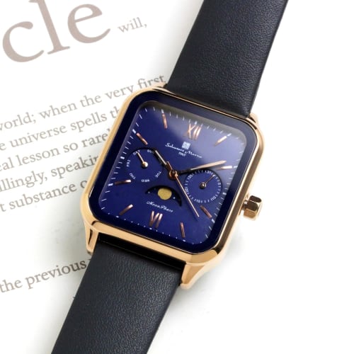 Salvatore Marra Men's Square Moon Phase Watch with Multi-Calendar, Water Resistant, Leather Strap, Limited Edition, Pink Gold and Blue, SM24112-PGBLLE