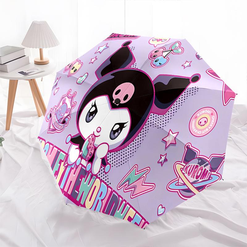 Kuromi,Kawaii Automatic Folding Umbrella-Simple 8-Rib Design, Bright Cartoon Pattern, Durable Iron Frame, Suitable For Travel, Outdoor, Beac