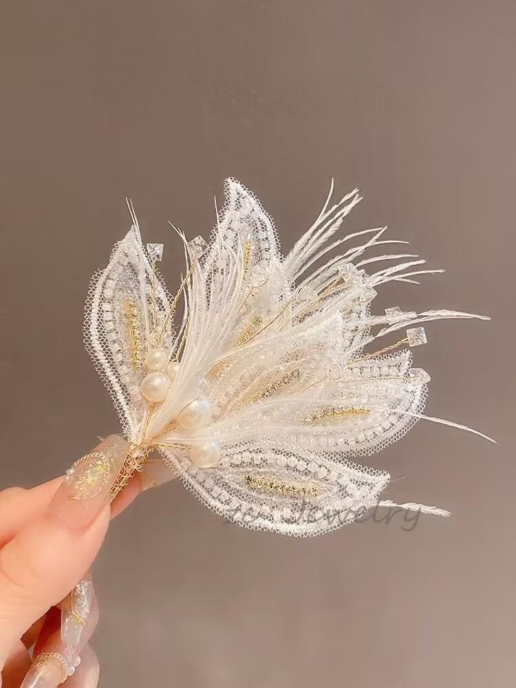 Korean Style Pearl Feather Hair Clip for Brides - Elegant Forest Fairy Accessories