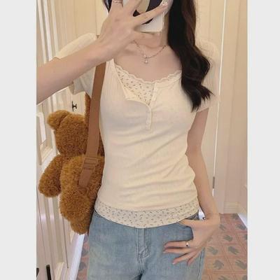 Women's Floral Lace Short-Sleeve T-Shirt, New Spring/Summer Design, Half-Open Collar, Stylish BM Two-Piece Look.