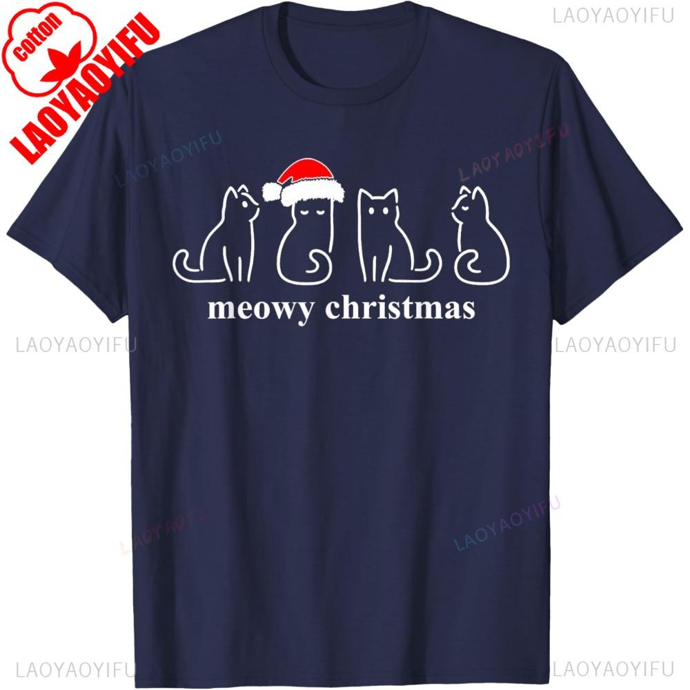 Meowy Catmas Cat Christmas Cute Kitten Cats Santa Hat Xmas T-Shirt High Quality Cotton Tops New Casual Simple Short-sleeve