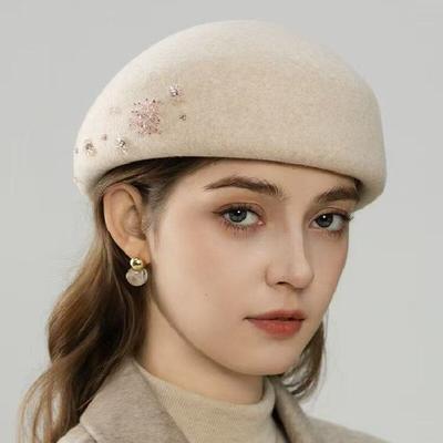 Neuer Woll-Baskenmütze aus Australien Damen-Gesellschaftsdame Herbst und Winter Handgenäht Kristall Mode Stewardess Zylinder Modehut