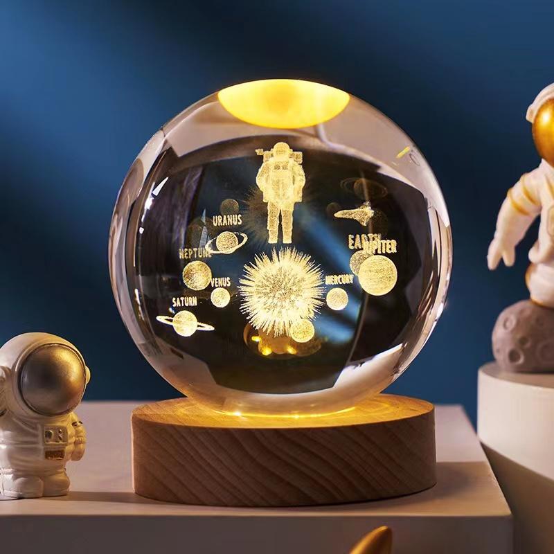 Crystal Ball With Wood Stand Laser Engraved 6CM Glass LED Crystal Ball Souvenir Gifts Home Decor Star Moon Night Light