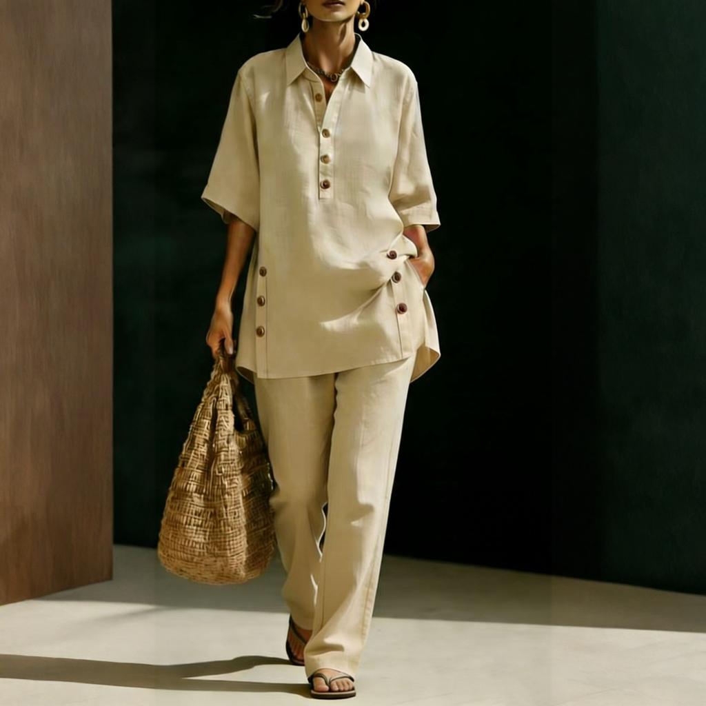 Women Two Piece Set Loose Fit Short Sleeve Shirt with Button Detail and Wide Leg Pants Casual Outfit for Everyday Wear