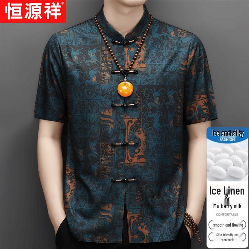 Men s Ice Silk Retro Chinese Style Short-Sleeve Shirt 175