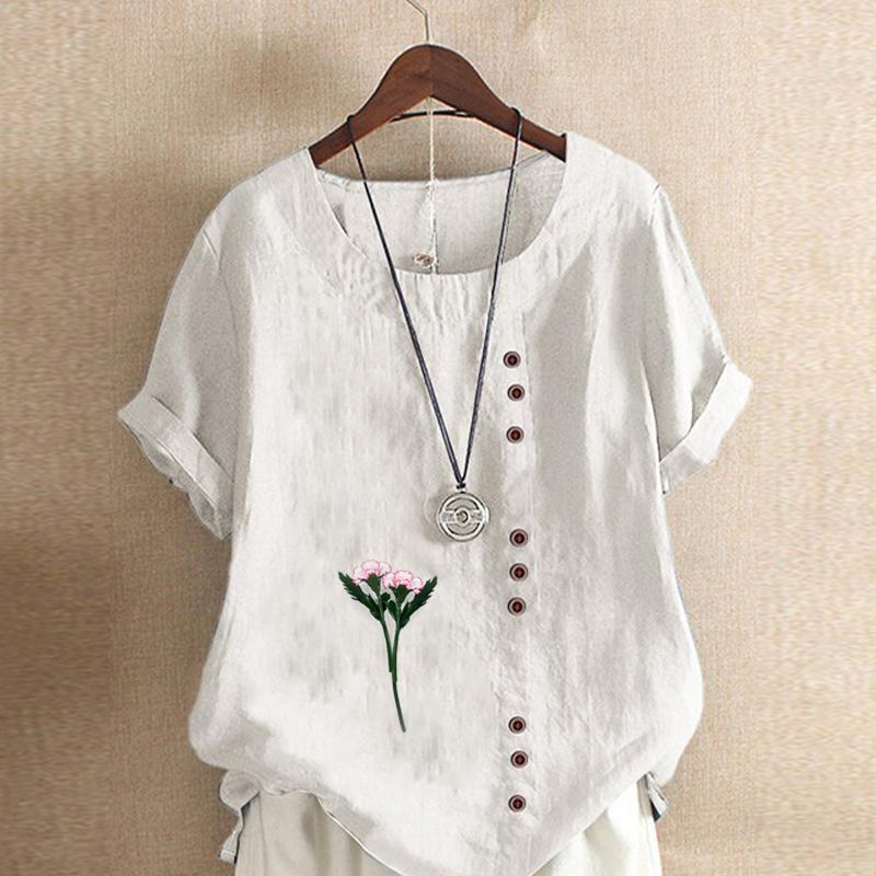 Women's Fashion Flowers Prined Round Neck Short Sleeve T-shirt Casual Cotton Linen Graphic Shirt Leisure Loose Summer Blouse Tops
