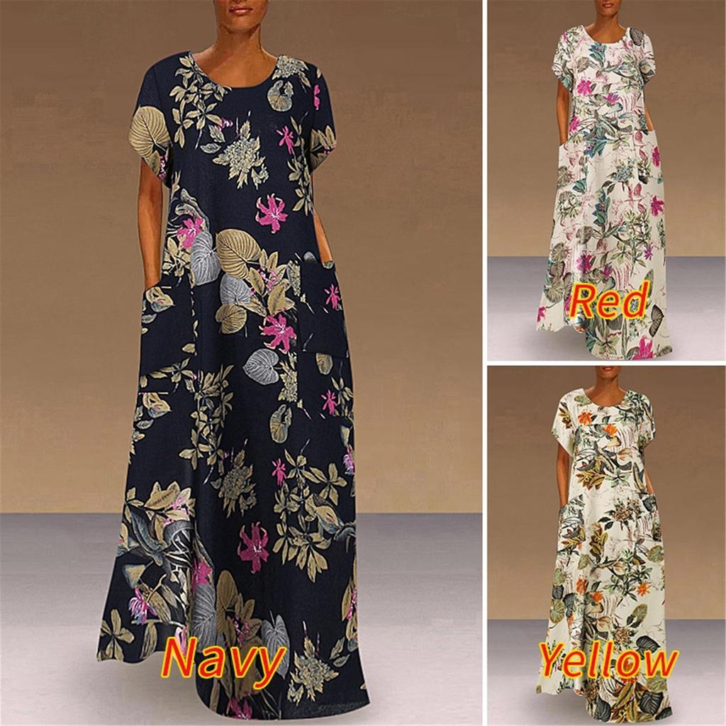 Women Round Neck Half Sleeve Flower Print Robes Style  Kaftan Loose Long Dress