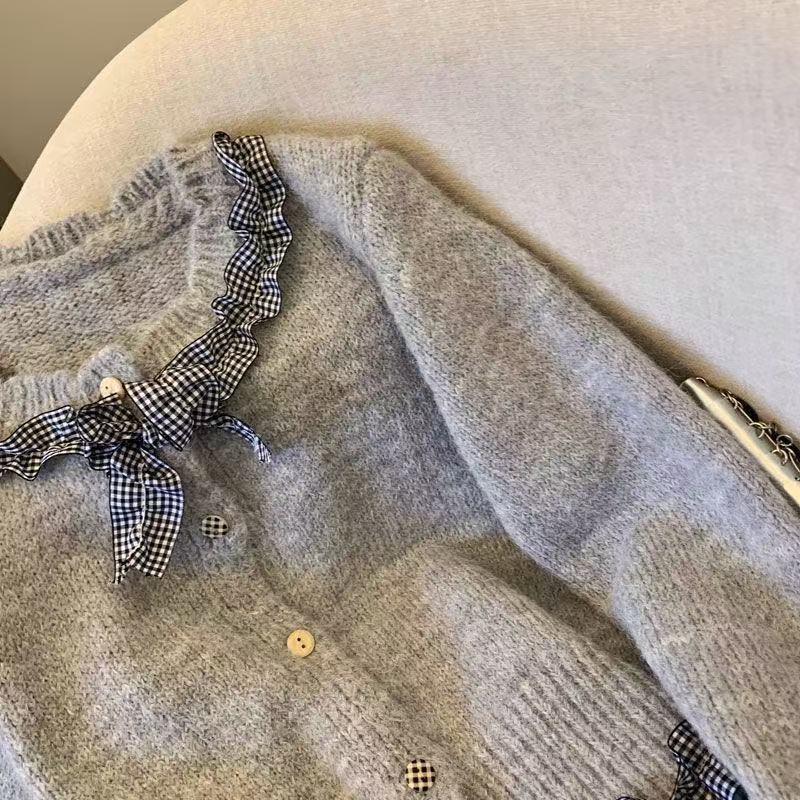 Korean Ruffle Plaid Bow Cardigan - Women's Chic Long Sleeve Knitted Top for Autumn/Winter