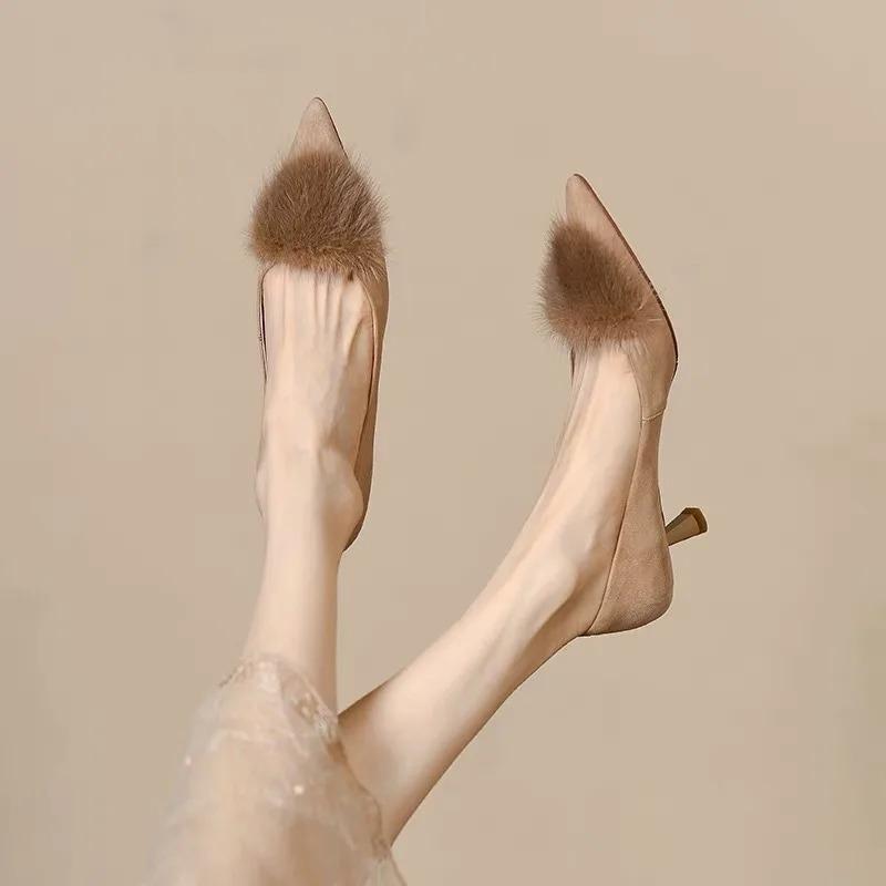 New Women's Pumps Faux Fur Boat Shoes Pointed Toe Med Heels Office Lady Shoes Black Slip On Thin Heels Dress Shoes Autumn