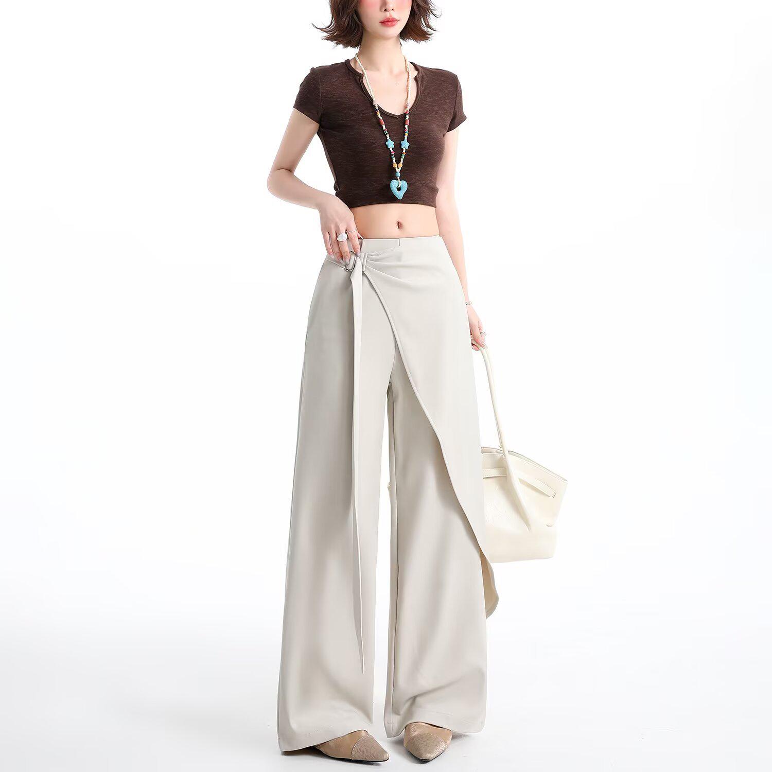 Women s High-Waisted Grey Irregular Ribbon Wide-Leg Pants 2026 Style S