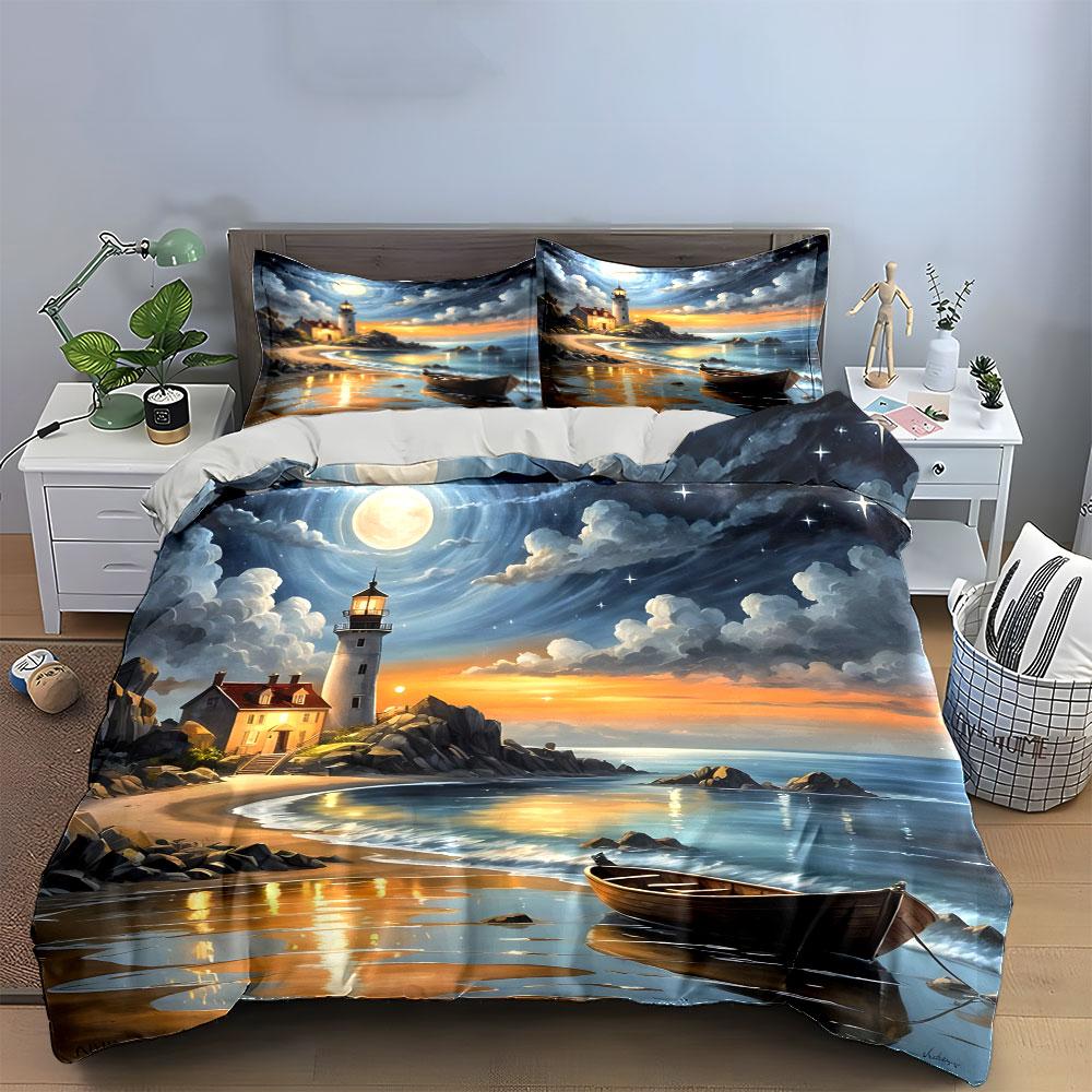 Lighthouse, Boat, Ocean, Clouds. Bedding Sets Duvet Cover Sets Duvet Covers Pillowcases(1*Duvet Cover 2*Pillowcases Without Duvet Insert)